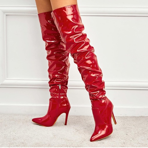 PrettyLittleThing Shoes - PLT Red Patent Leather Thigh High Slouch Pointed Toe Over The Knee Boots 10
